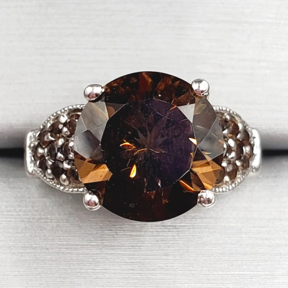 Genuine Round Smoky Quartz 925 Sterling Silver Ring